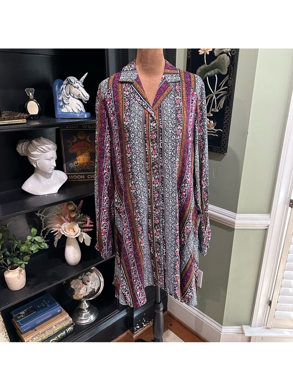 Natural Life Multicolor Floral Stripe Button‑Down Dress – Size Medium